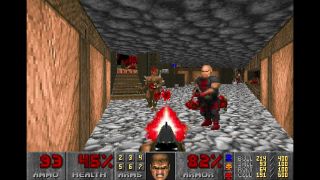 Screenshot from the original Doom video game. A retro first person shooter game where you blast demons.