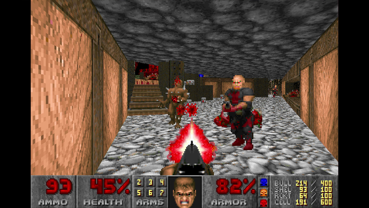 Screenshot from the original Doom video game. A retro first person shooter game where you blast demons.