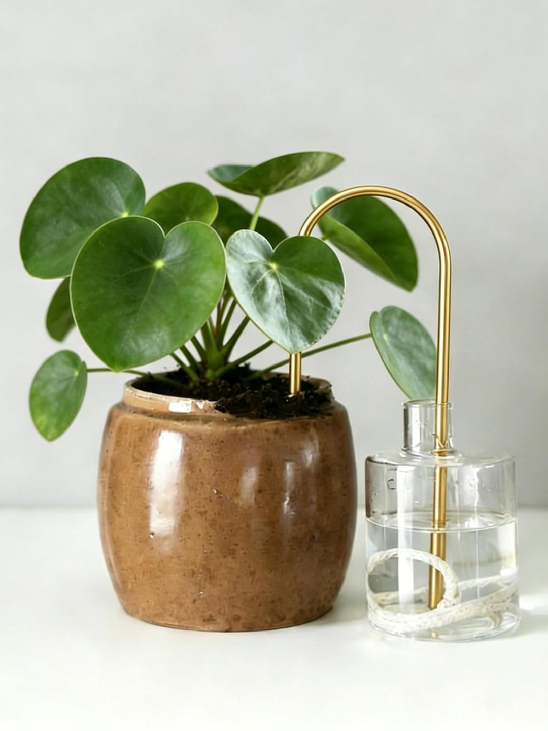 A potted plant with an arched gold plant straw in a glass vase