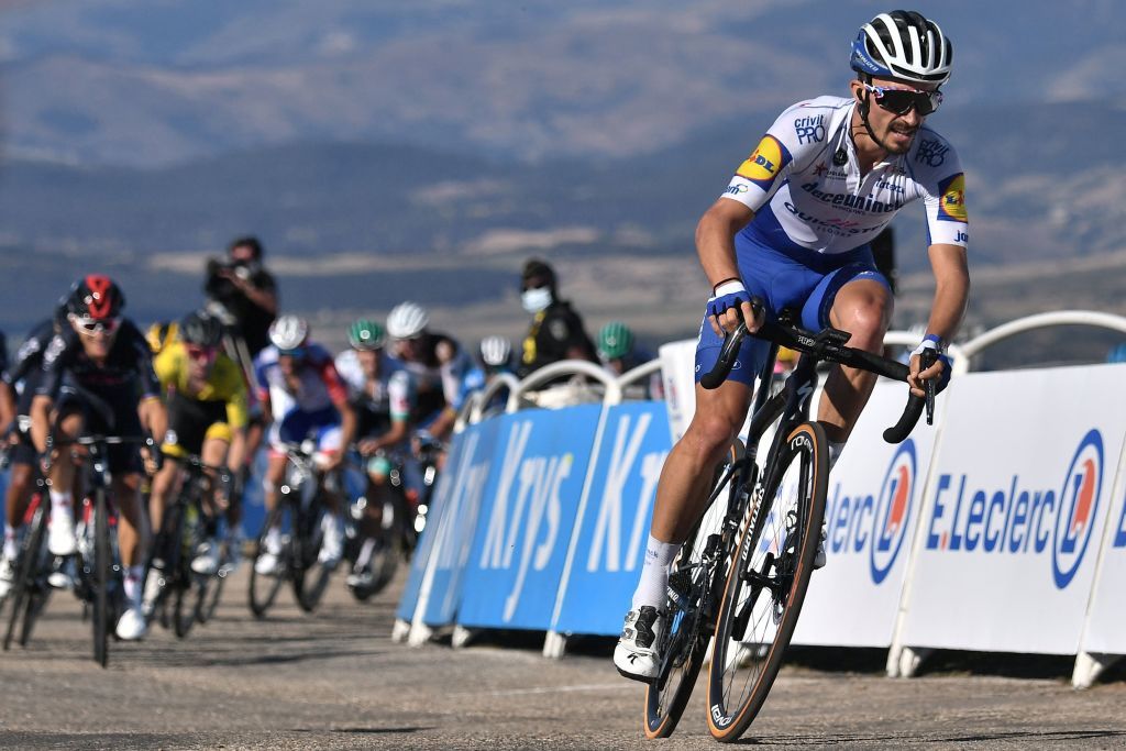 Team Deceuninck rider Frances Julian Alaphilippe attacks the pack in the Mont Aigoual during the 6th stage of the 107th edition of the Tour de France cycling race 191 km between Le Teil and Mont Aigoual on September 3 2020 Photo by Marco Bertorello AFP Photo by MARCO BERTORELLOAFP via Getty Images