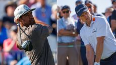 Tony Finau (left) hits a drive at The American Express 2026 while Justin Rose (right) prepares to hit a drive