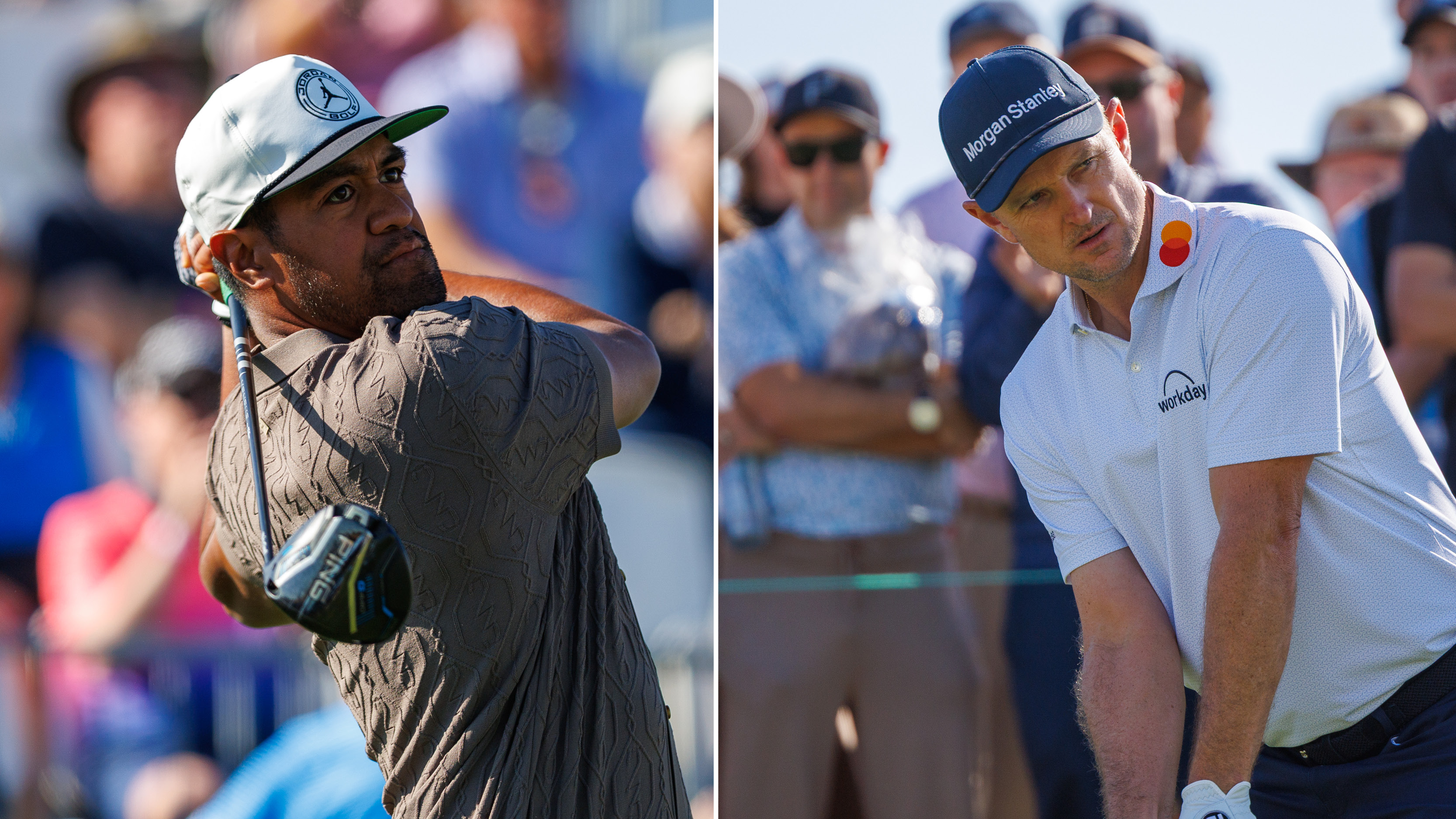 Tony Finau (left) hits a drive at The American Express 2026 while Justin Rose (right) prepares to hit a drive