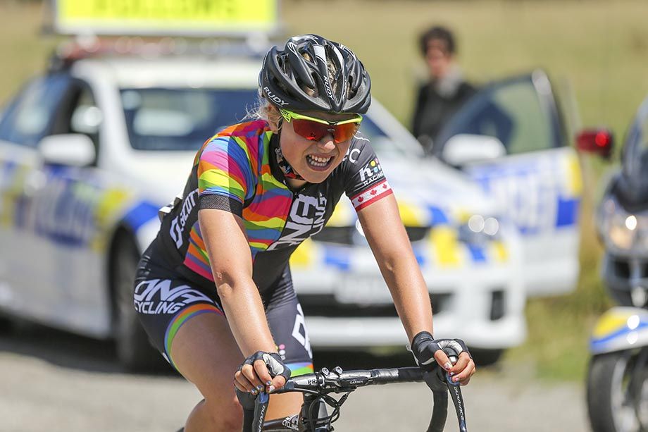 Gabrielle Pilote-Fortin shows the pain as she crosses the finish line, but picked up the young riders jersey in the process