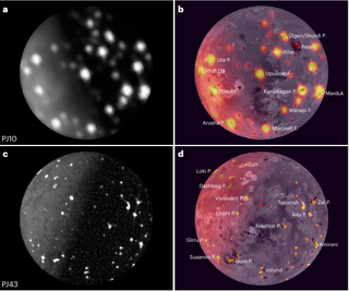 four views of a grey moon dotted with red dots indicating volcanoes