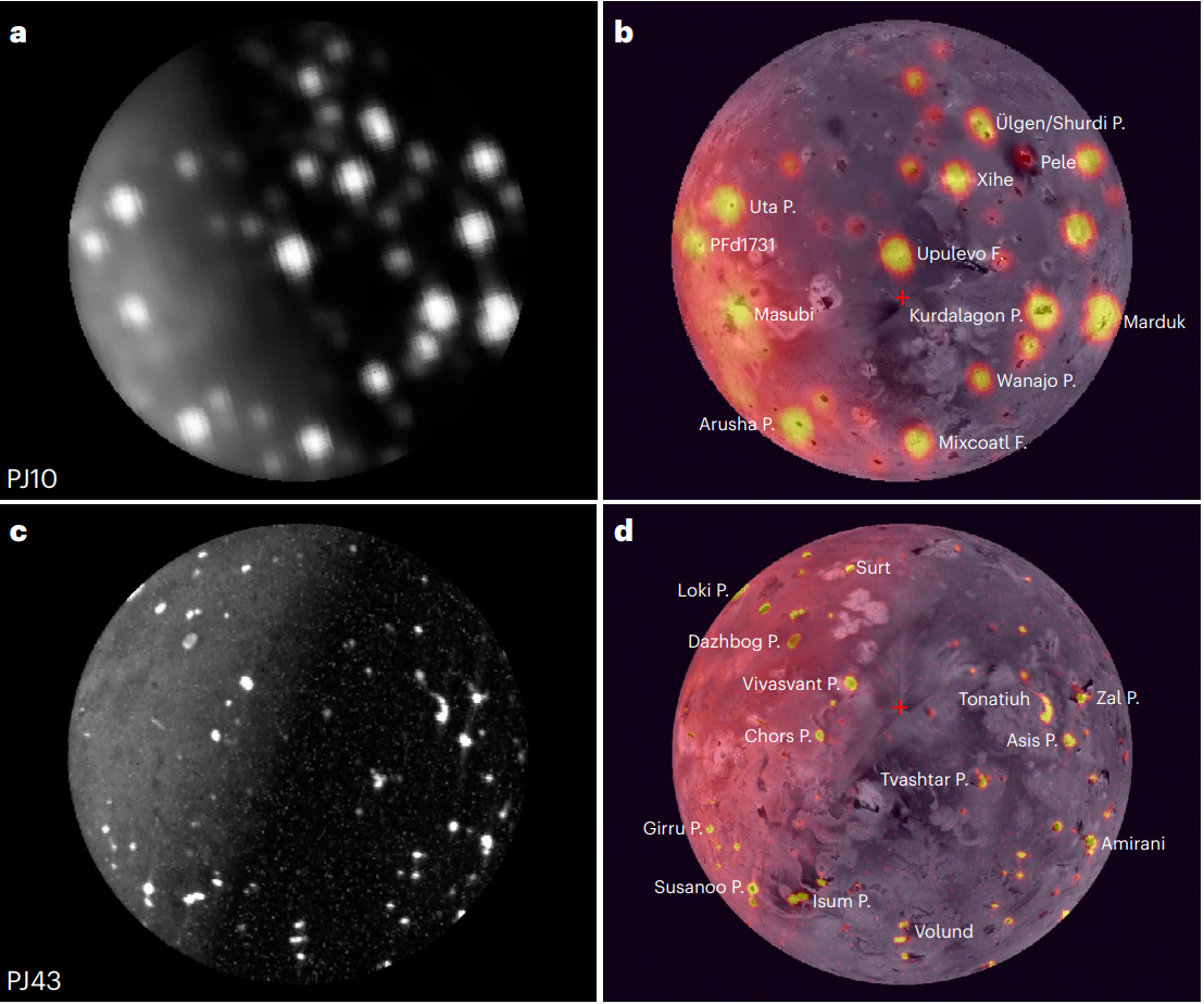 four views of a grey moon dotted with red dots indicating volcanoes