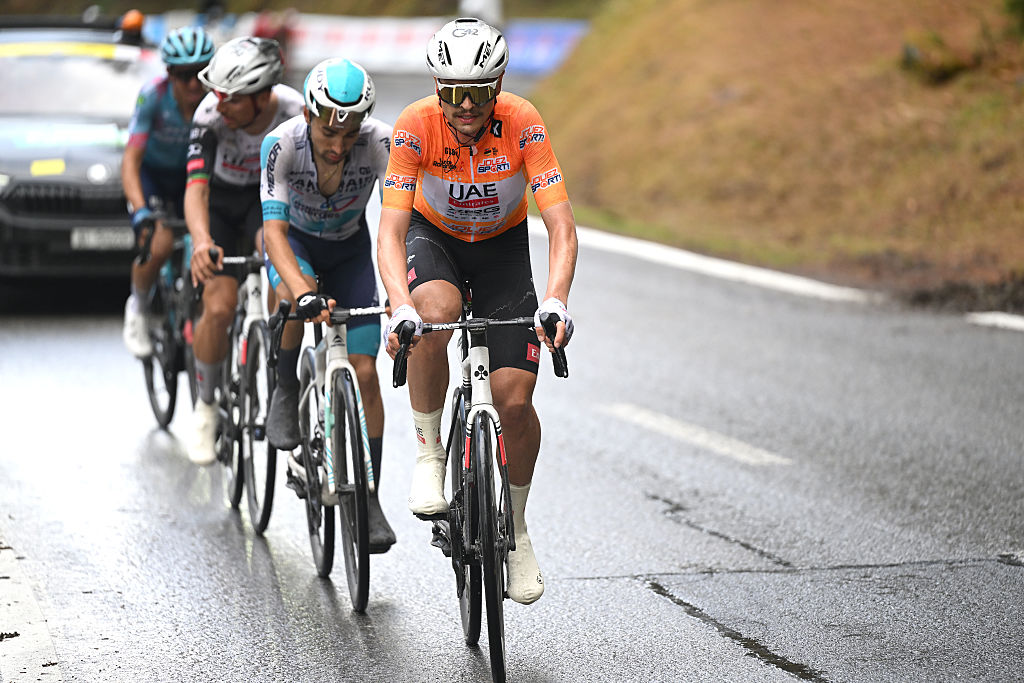 THYON 2000 SWITZERLAND MAY 03 Jay Vine of Australia and UAE Team Emirates XRG Orange Points Jersey leads the breakaway during the 78th Tour De Romandie 2025 Stage 4 a 1283km stage from Sion to Thyon 2000 2091m UCIWT on May 03 2025 in Thyon 2000 Switzerland Photo by Dario BelingheriGetty Images
