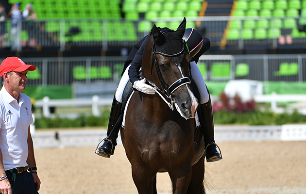 Charlotte Dujardin GBR winner of the gold medal during the Grand Prix Freestyle for the individual Dressage competition at the Olympic Equestrian Centre in Deodoro near Rio, Brazil on 15th August 2016 kisses kiss valegro