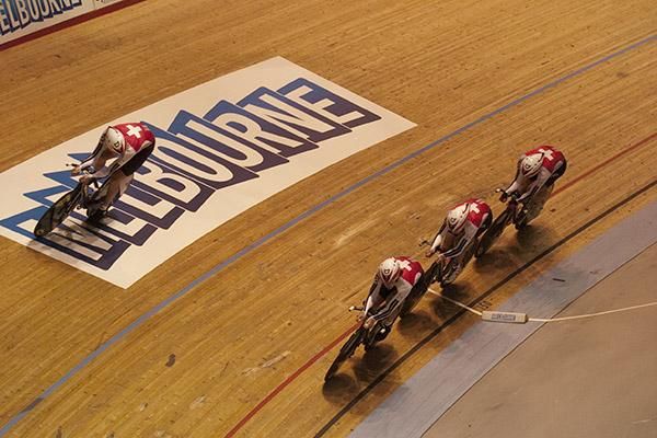 The men's pursuit team from Switzerland during their qualifying ride in the event on the final day in Melbourne.