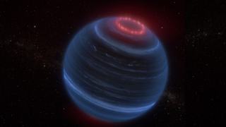 An illustration of a brown dwarf with a ring of reddish auroral emissions at its north pole.