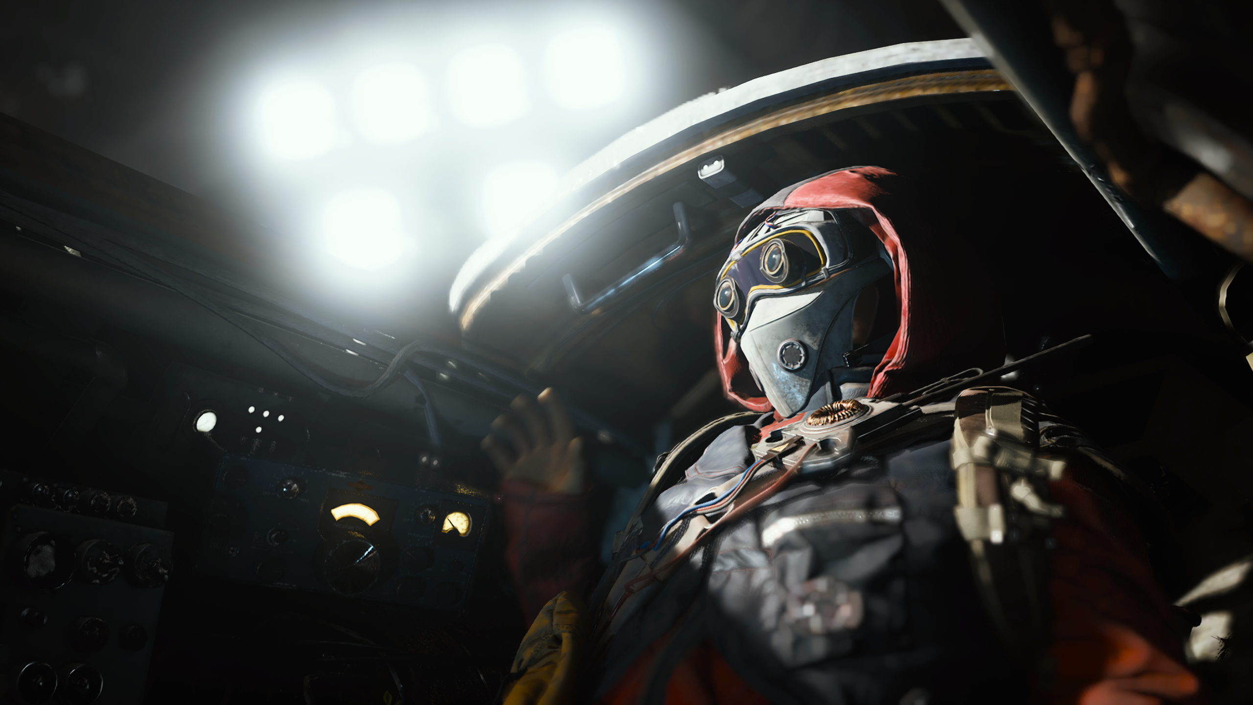 Arc Raiders Water Pump: A character wearing a mask and red hooded jacket sat inside a pod to left on a run, about to close the hatch.