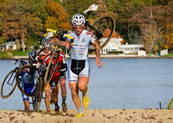Adam Myerson (Cycle-Smart) leads the front group up from the lake.