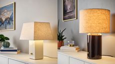 IKEA HALGATT table lamps on top of a white console with a framed artwork on the wall behind and a stack of books and a small potted plant.