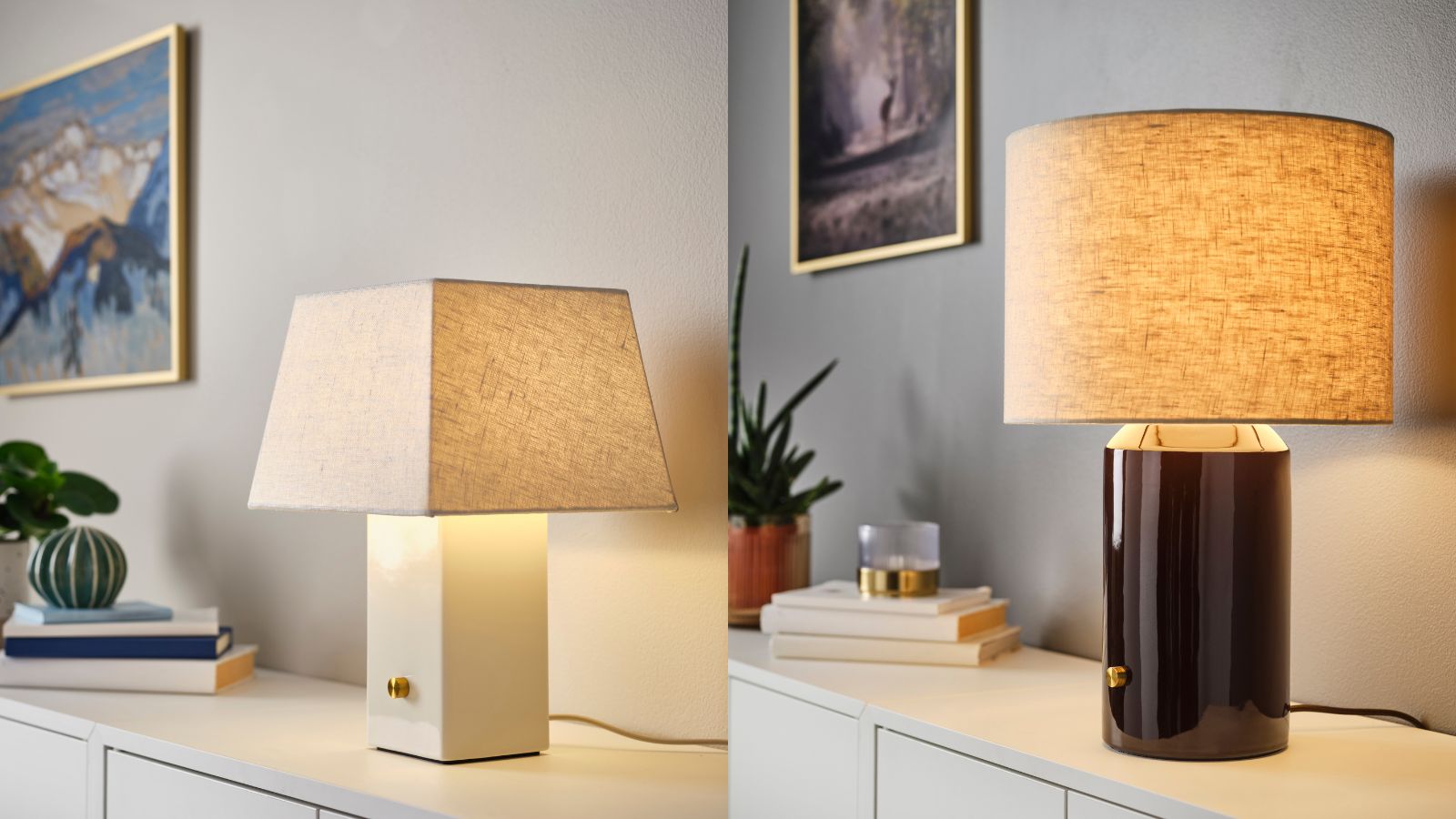 IKEA HALGATT table lamps on top of a white console with a framed artwork on the wall behind and a stack of books and a small potted plant.