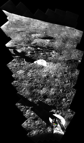 A mosaic of images taken by Surveyor 1 on June 13, 1966 that stretches to the lunar horizon.