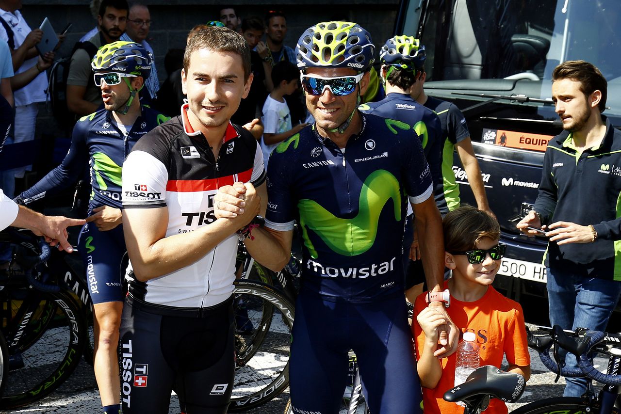 Jorge Lorenzo, Moto GP driver, poses with Alejandro Valverde