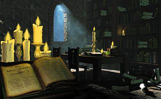 Et skjermbilde fra TES-serien, et mørkt rom med stearinlys og store bokhyller