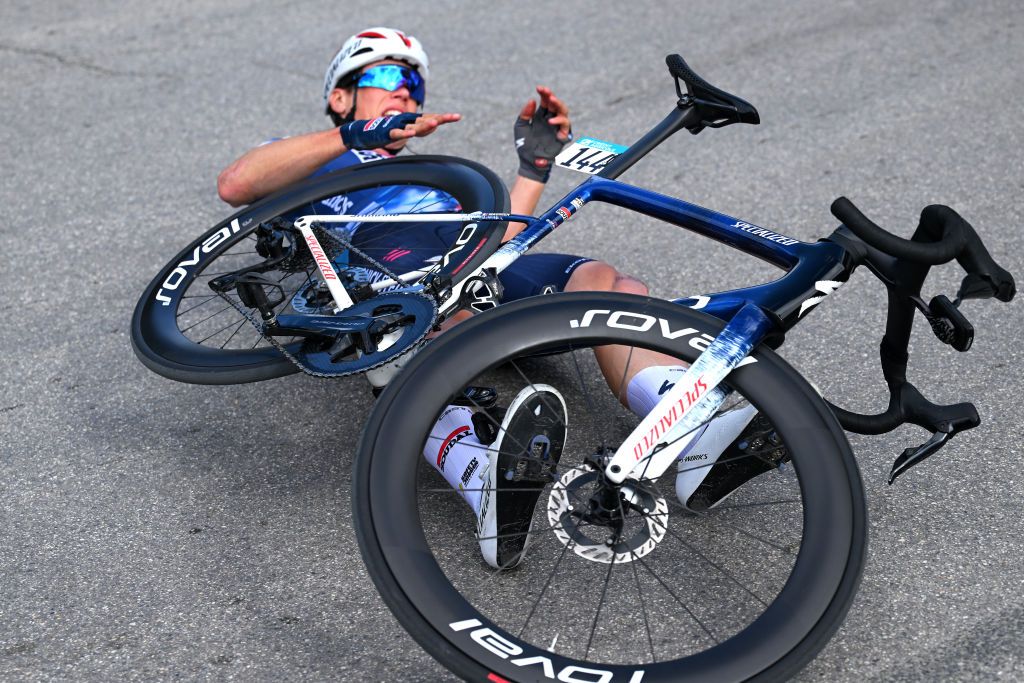 SAN BENEDETTO DEL TRONTO ITALY MARCH 16 Paul Magnier of France and Team Soudal Quick Step crashes during the 60th TirrenoAdriatico 2025 Stage 8 a 147km stage from Porto Potenza Picena to San Benedetto del Tronto UCIWT on March 16 2025 in San Benedetto del Tronto Italy Photo by Tim de WaeleGetty Images