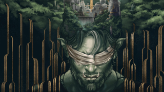 A half-orc stands with a blindfold on before his execution - with a stylistically rendered city placed atop his crown in a bed of clouds in Critical Role Campaign 4.