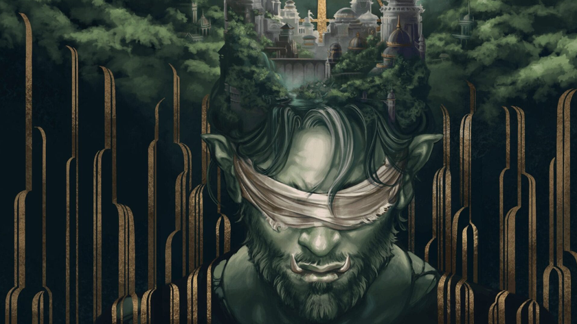 A half-orc stands with a blindfold on before his execution - with a stylistically rendered city placed atop his crown in a bed of clouds in Critical Role Campaign 4.