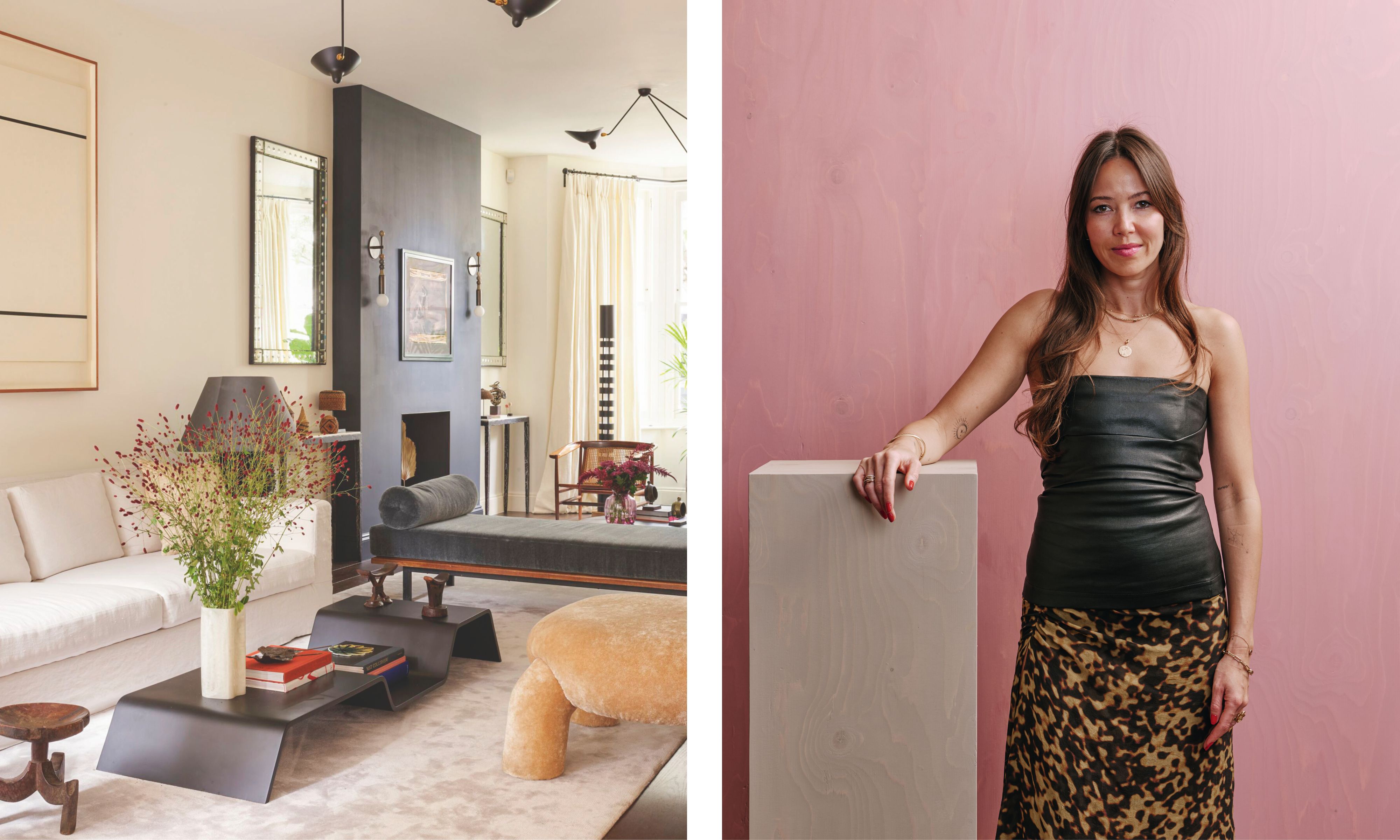 A minimalist living room with a black fireplace and sculptural furniture. Right: Designer Jasmine Fisher in a black leather top and leopard print skirt stands against a pink wooden wall.