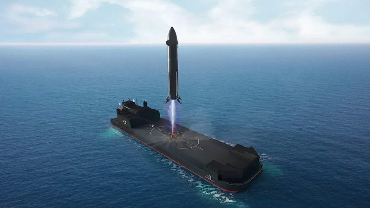 illustration of a large black rocket landing on a ship at sea