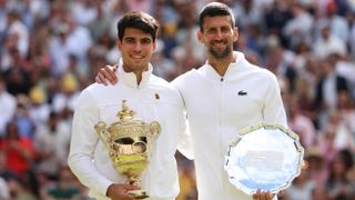 Carlos Alcaraz and Novak Djokovic after the 2024 Men's Final at Wimbledon