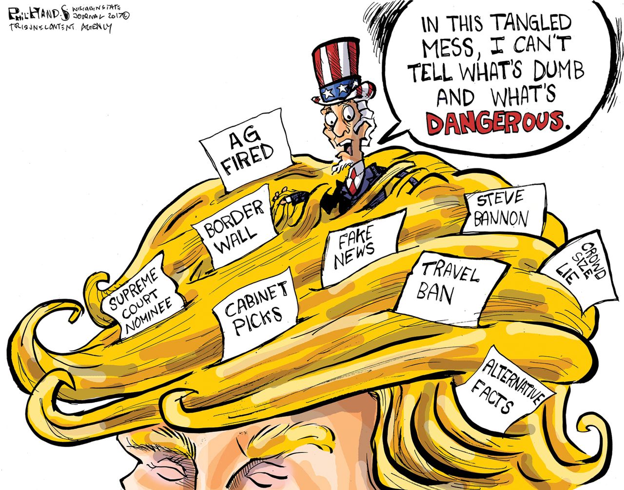 Political Cartoon U.S. Donald Trump Uncle Sam hair