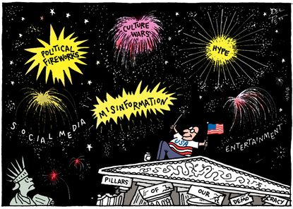 Editorial Cartoon U.S. Fourth of July political fireworks social media hype misinformation