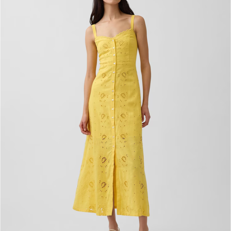 GAP, Linen Blend Embroidered Button Cami Maxi Dress