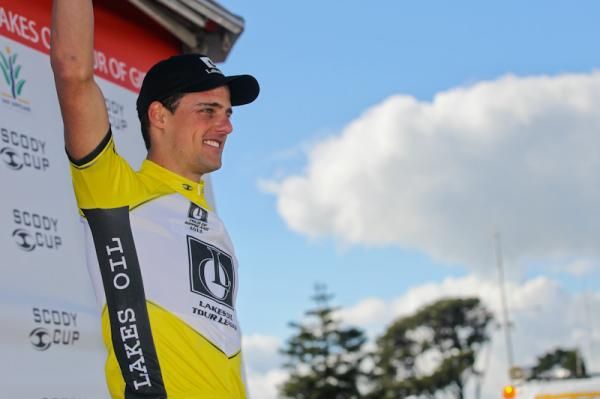 Luke Davison (Budget Forklifts) pulls on the yellow leader's jersey after Stage 1 of the 2012 Tour of Gippsland