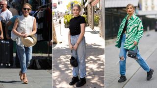 Three women including Kylie Minogue showing how to style boyfriend jeans if you're petite