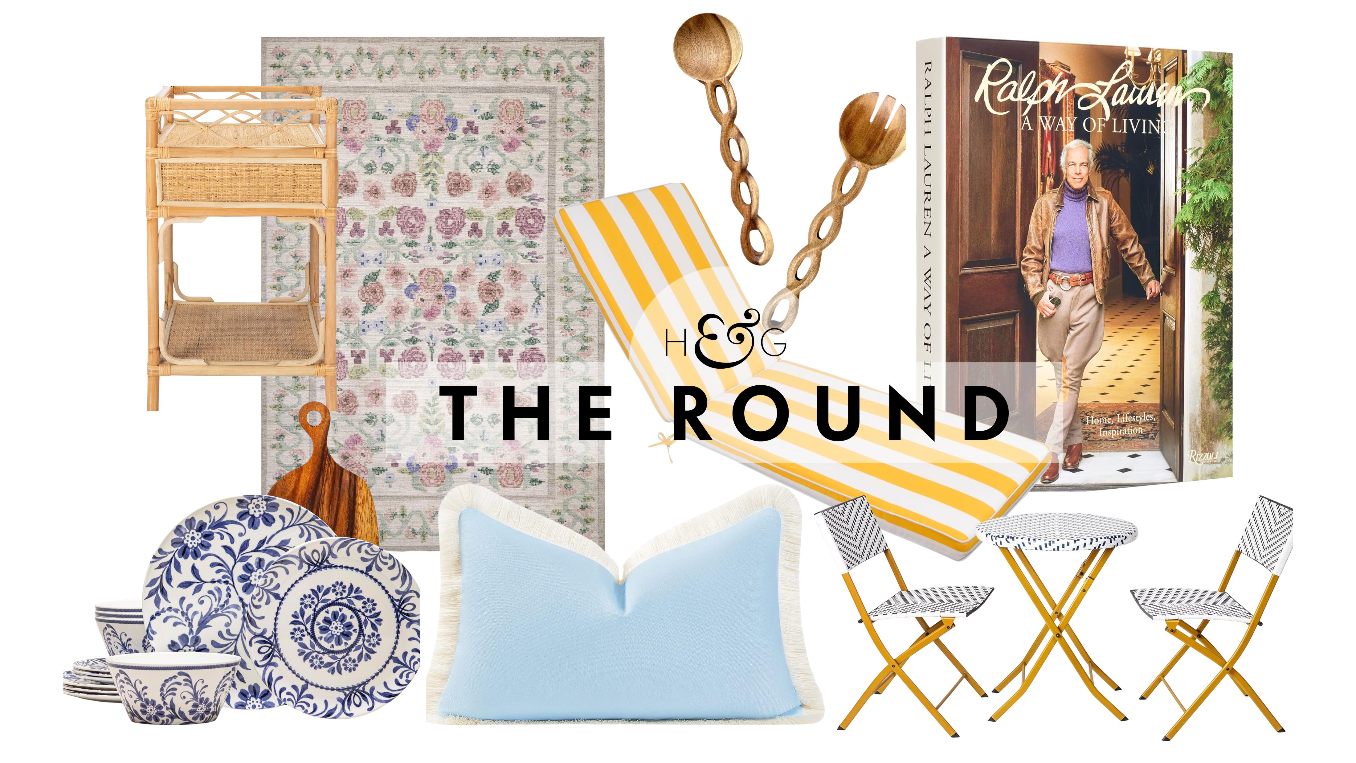 Amazon Prime Day decor deals, spanning rattan storage furniture, patterned outdoor dinnerware, patio cushions, spiral salad servers, a Ralph Lauren coffee book, and Parisian-inspired bistro set