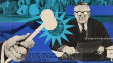 Photo composite illustration of a judge, gavel and jury