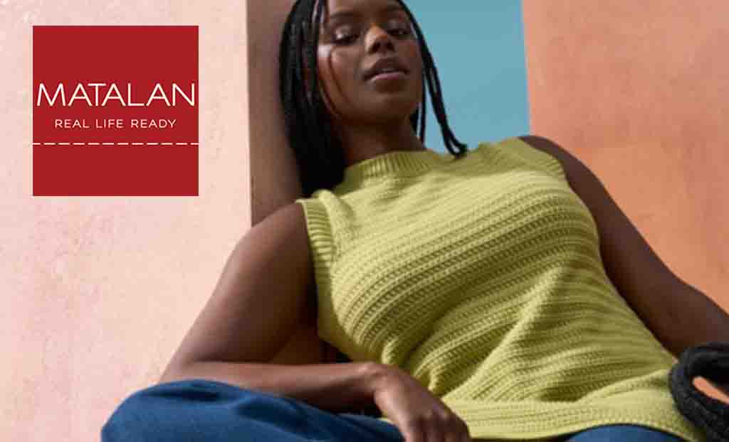 Matalan logo placed over an image of a woman wearing a green tank top posing against a pink wall 