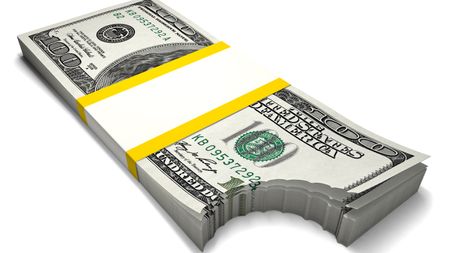 A stack of hundred-dollar bills with a bite taken out of it.