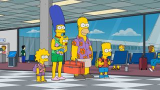 The Simpsons on vacation with suitcases