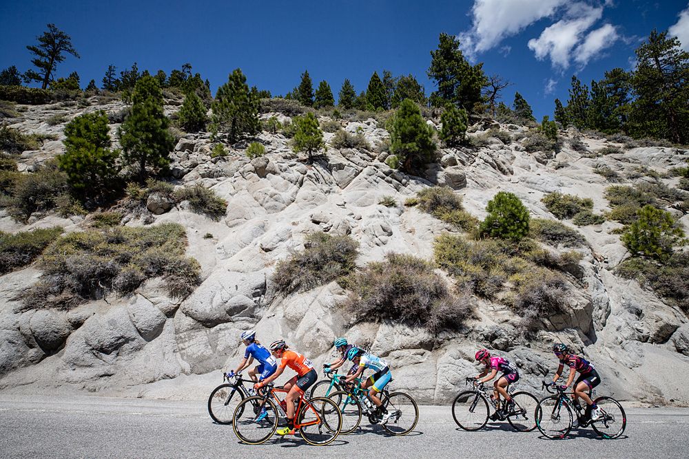 The leaders near the top of the final big climb before dropping down to Tahoe during stage 2 of the Amgen Tour of California Women's Race