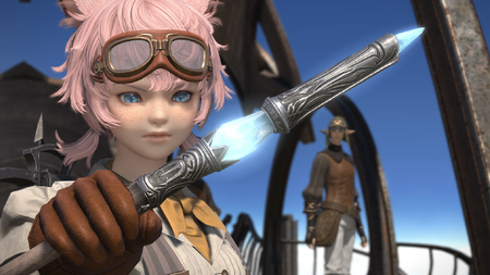 A catgirl from Final Fantasy 14 holds her crossbow bolt out to the camera - on her back is a visible crossbow.