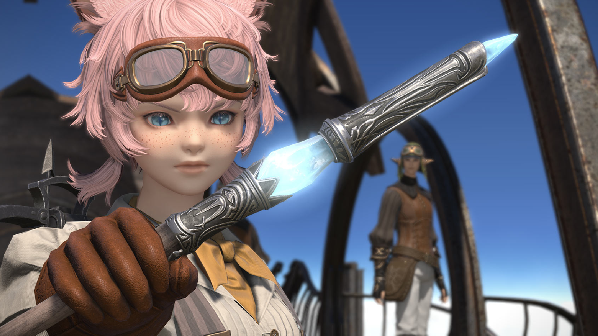 A catgirl from Final Fantasy 14 holds her crossbow bolt out to the camera - on her back is a visible crossbow.