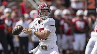 Alabama Crimson Tide quarterback Ty Simpson (15) drops back to throw a pass durning a college football game between the Alabama Crimson Tide and the Wisconsin Badgers on September 14th, 2024 at Barry Alvarez field inside Camp Randall Stadium in Madison, WI.