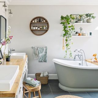 bathroom with freestanding bath, plants, and vanity with sink