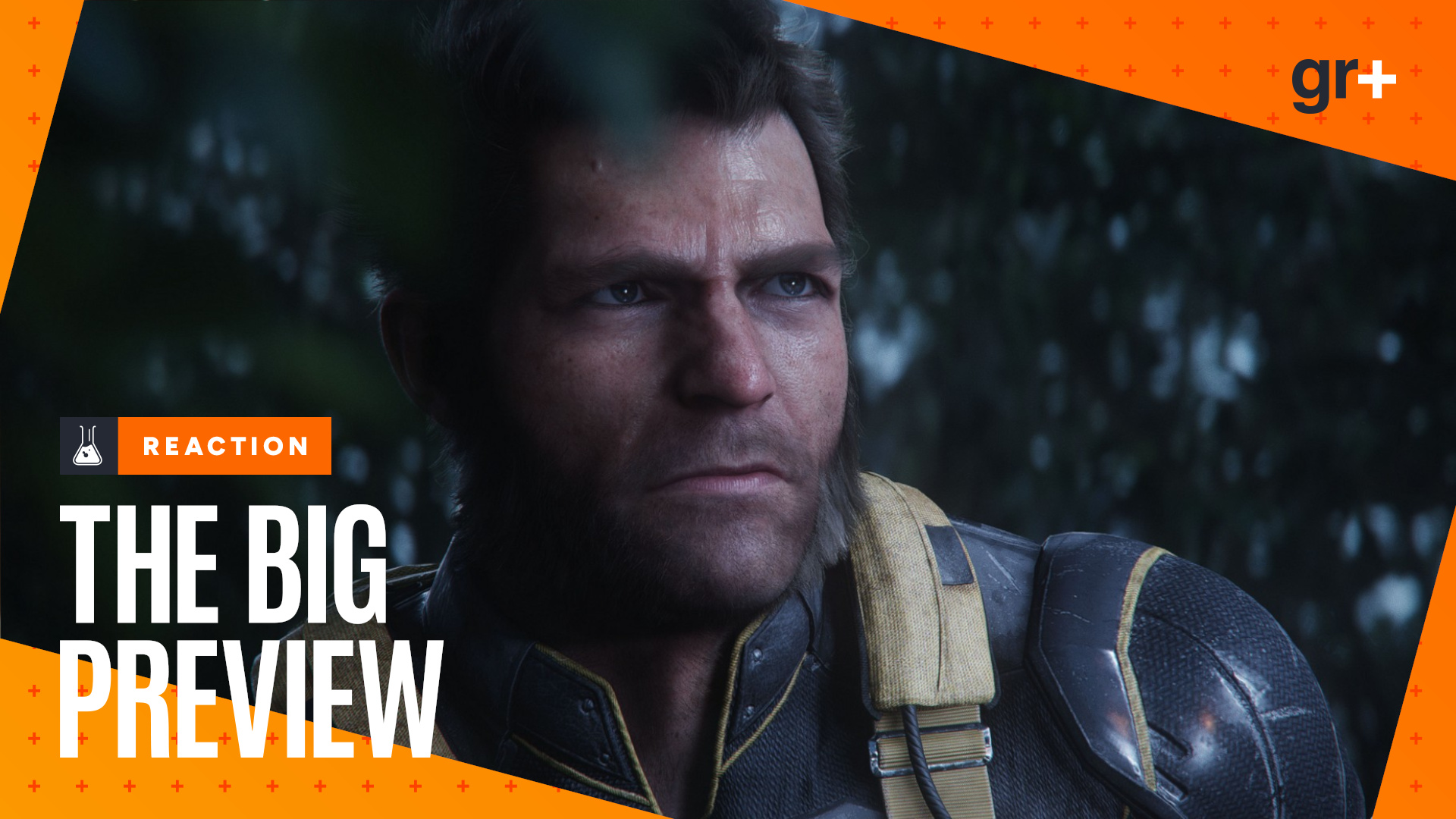 A close-up of Logan without a mask in Marvel's Wolverine for PS5, wearing tactical military gear, with the orange GamesRadar Big Preview frame
