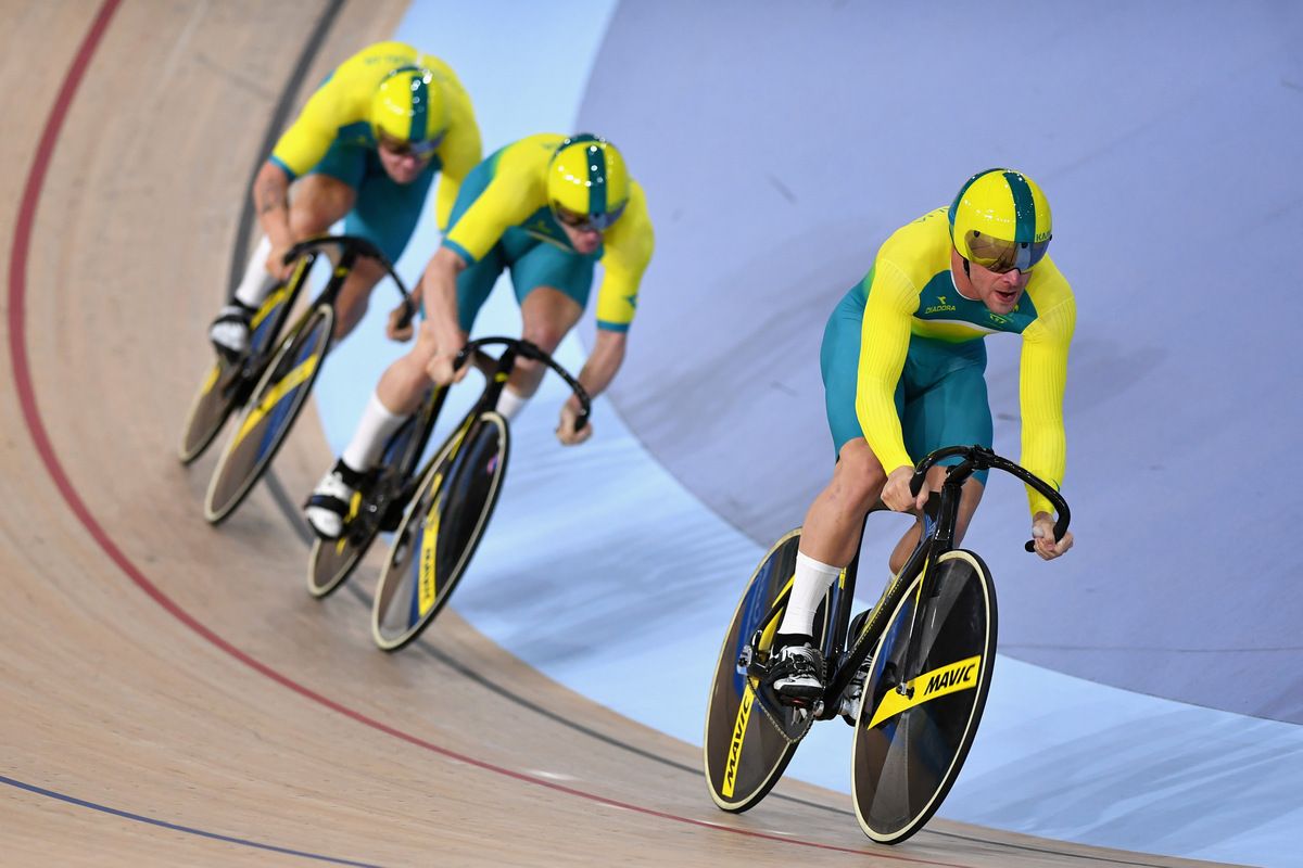 The Australian men's team sprint squad riding to bronze