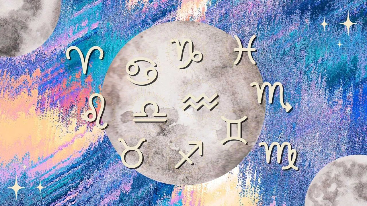 Representation of the zodiac signs around a full moon against a multi-colored background