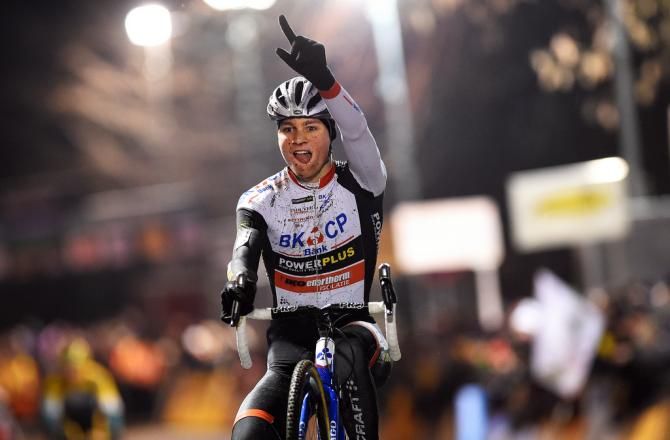 Mathieu van der Poel (BKCP - Powerplus) celebrates Superprestige Diegem victory