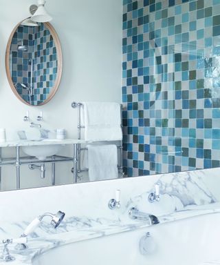 Blue bathroom with wall tiles