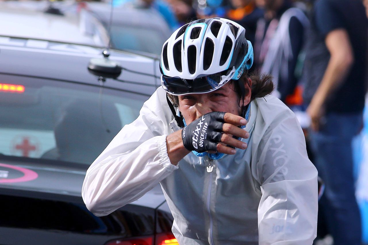 Rigoberto Uran (Etixx-Quick Step) rugged up after the stage