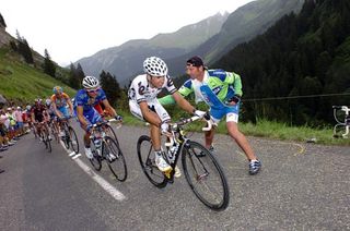Carlos Sastre (Cervelo TestTeam) and Brice Feillu (Agritubel) climb the Col de la Colombière.