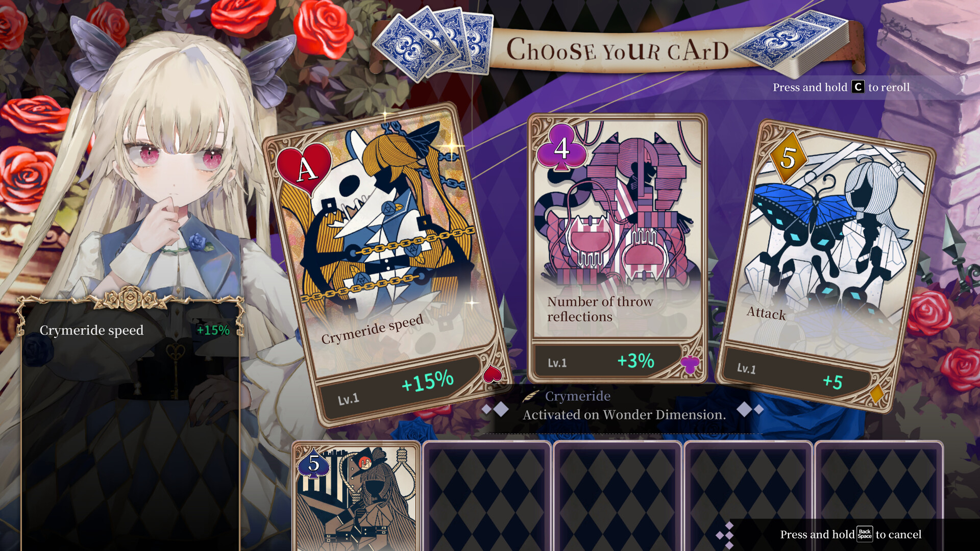 Alic picking a game card during the upcoming PC game, Crymelight