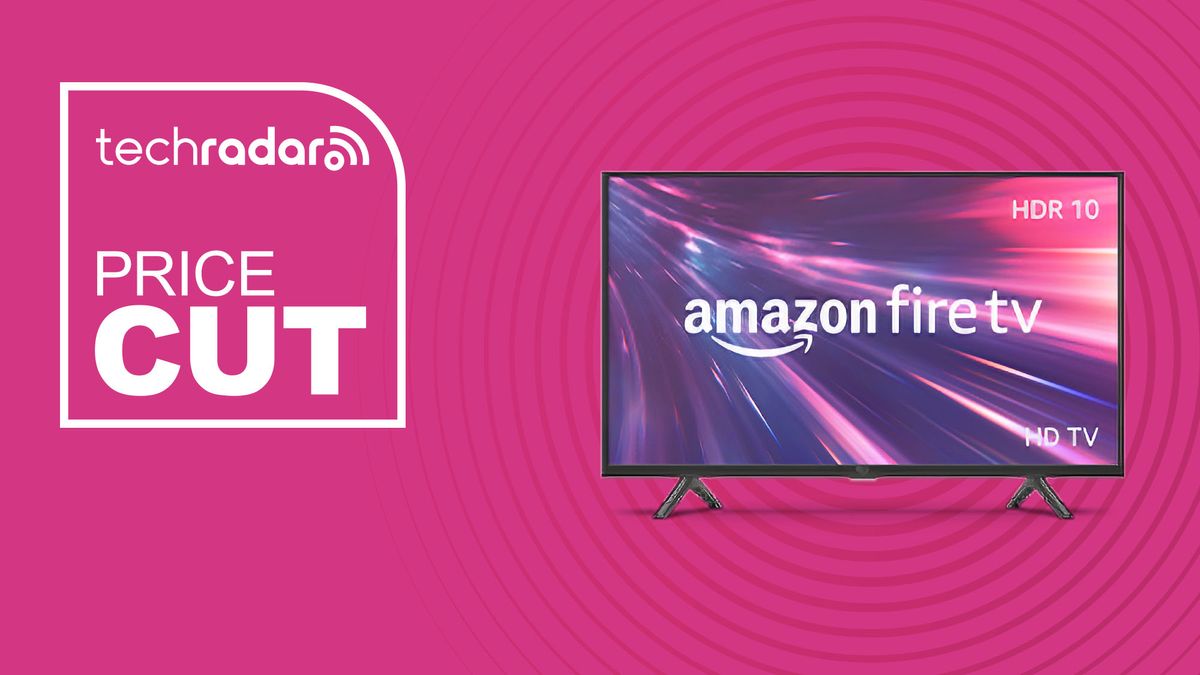 Amazon Fire TV 40&quot; 2-Series HD smart TV on pink background with price cut sign